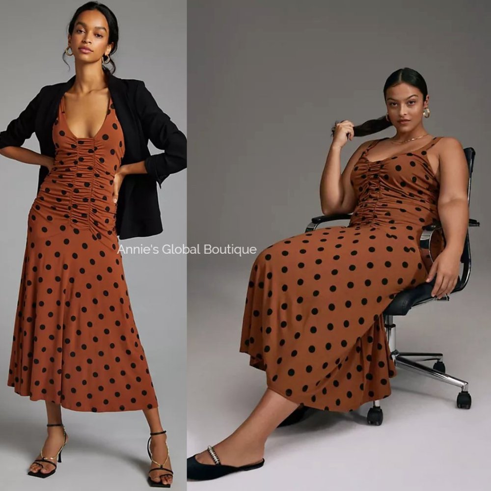 RARE NWT ANTHROPOLOGIE Maeve Ruched Polka Dot Midi Dress. Size L - Picture 5 of 16